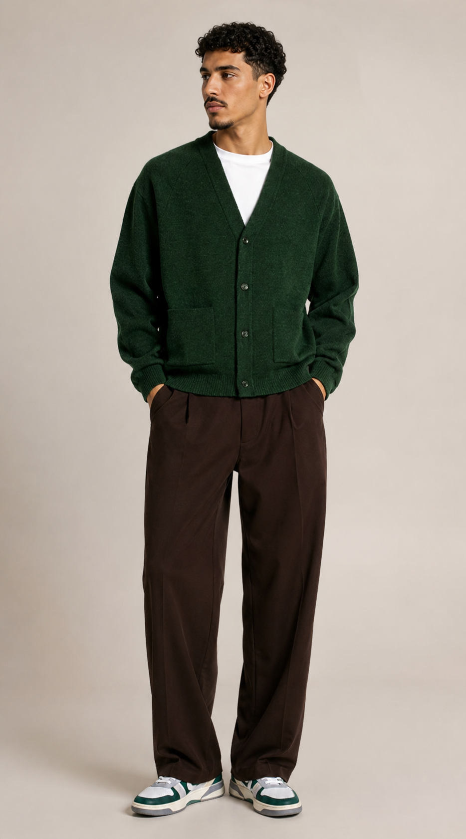 Ensemble Cardigan Maille Vert & Pantalon Large Marron