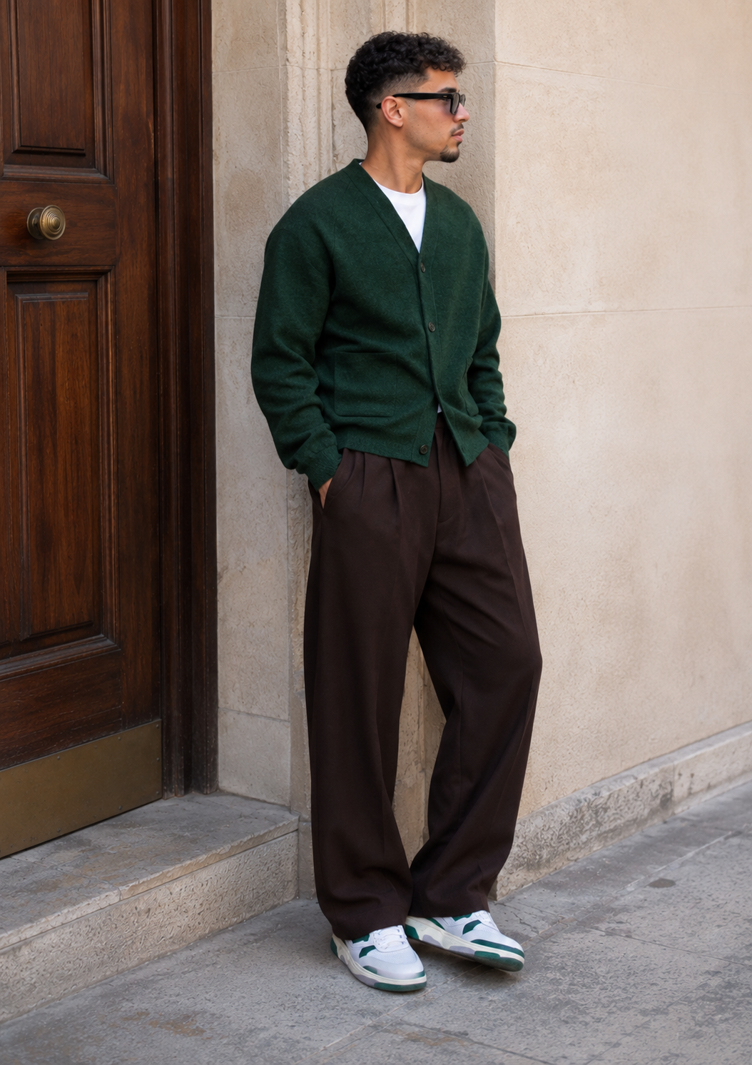 Ensemble Cardigan Maille Vert & Pantalon Large Marron
