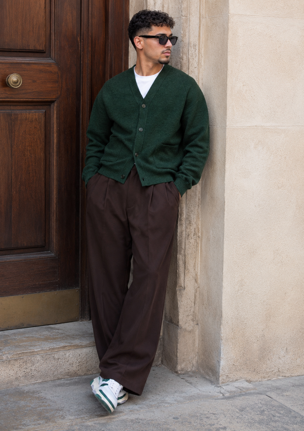 Ensemble Cardigan Maille Vert & Pantalon Large Marron