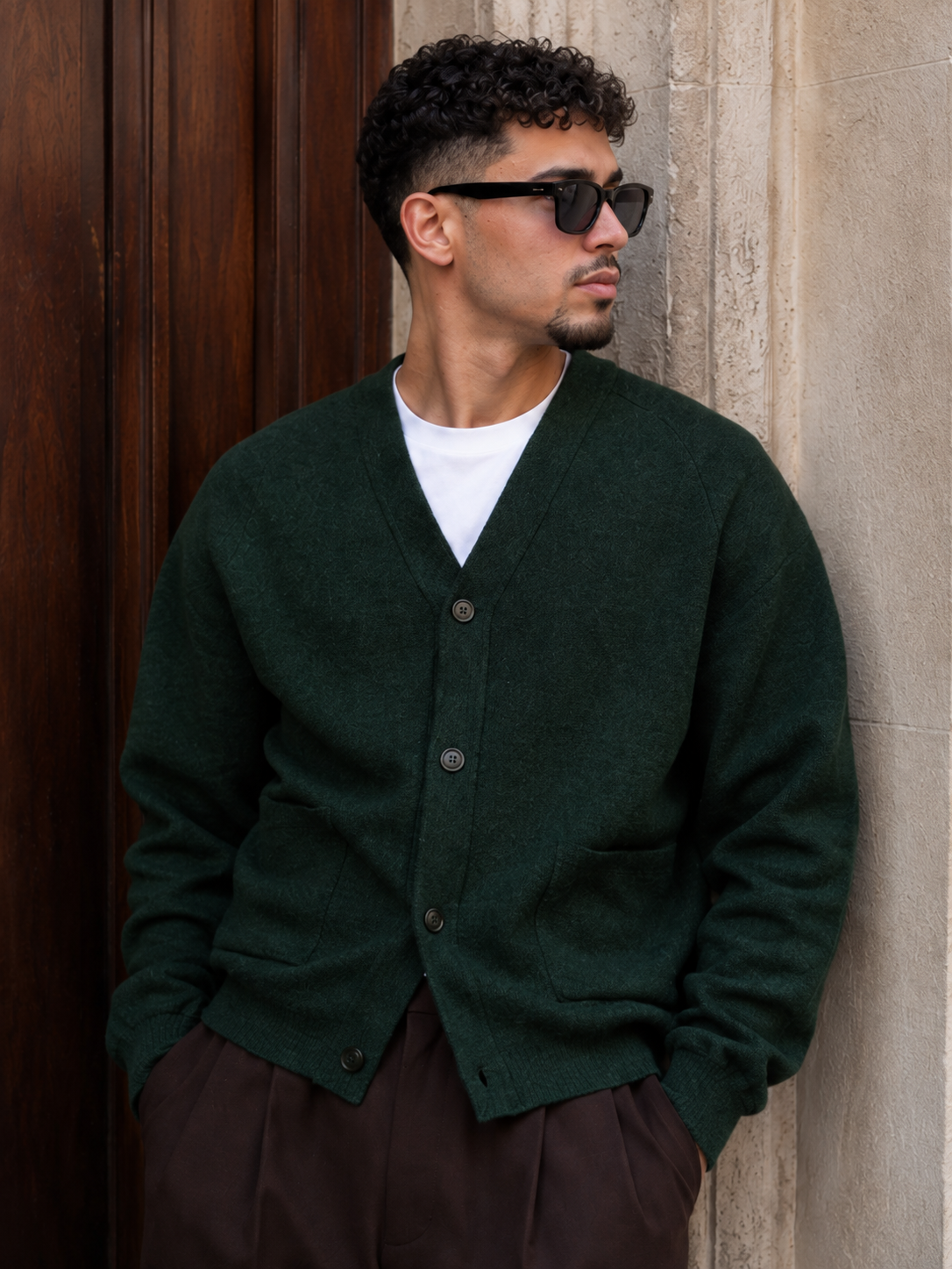 Ensemble Cardigan Maille Vert & Pantalon Large Marron