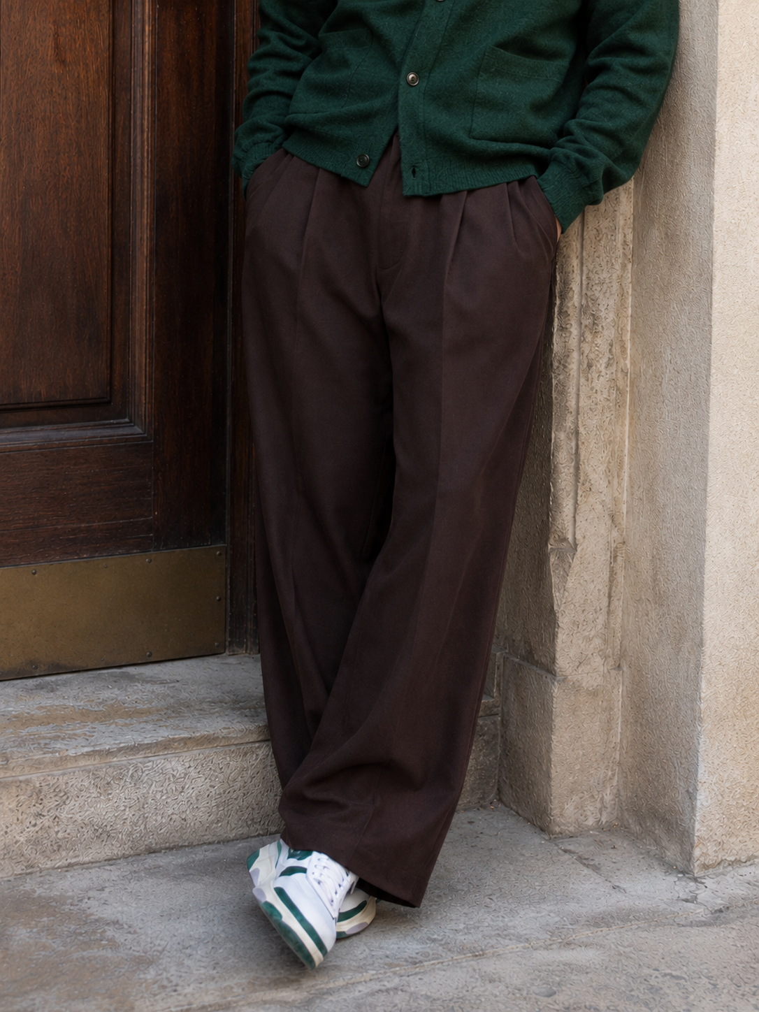 Ensemble Cardigan Maille Vert & Pantalon Large Marron