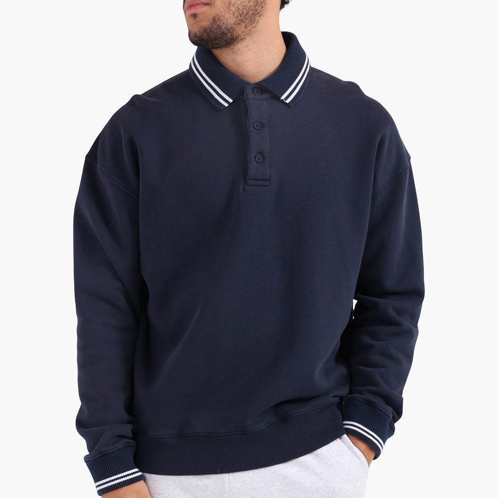 Polo Oversize à Col Rayé Bleu Marine